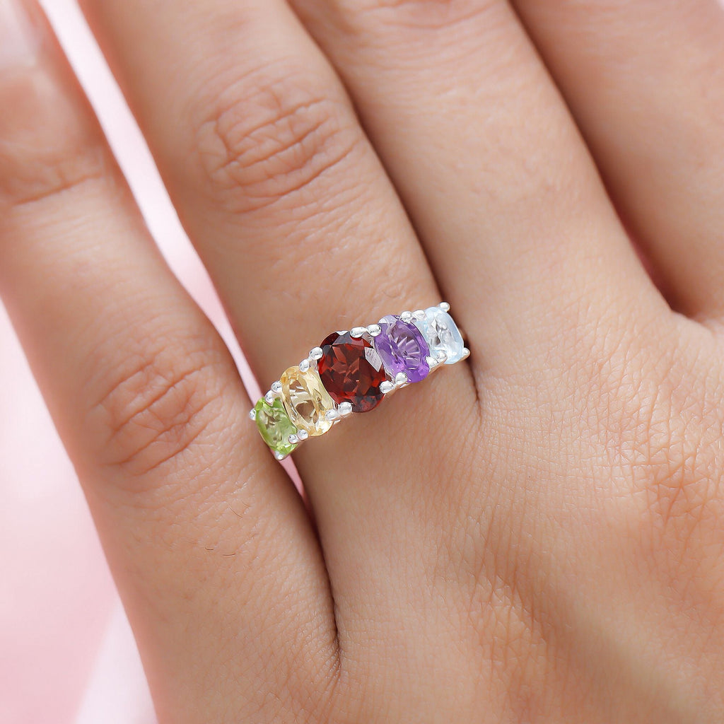 Mozambique Garnet, Amethyst & Multi Gemstone Five Stone Ring in Sterling Silver 2.17 Ct.