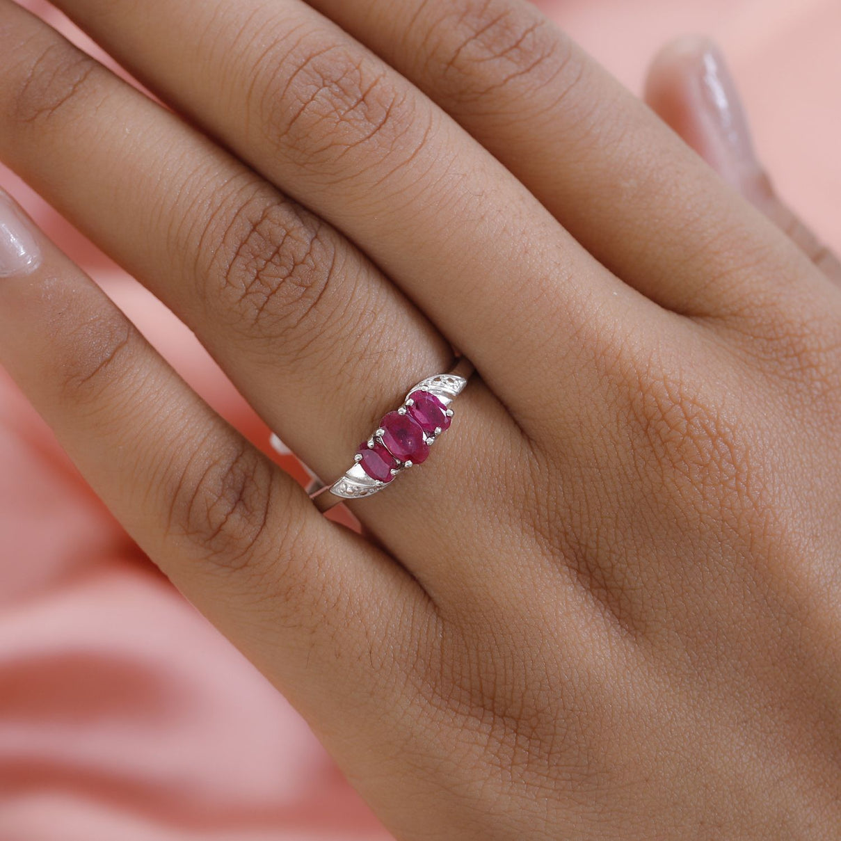 African Ruby (FF) 3 Stone Ring in Sterling Silver with Platinum Plating 3663830 3