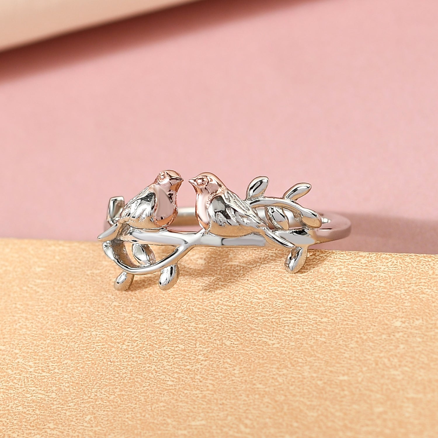 Couple Bird Ring in Platinum Overlay &amp; 18K Vermeil Rose Gold Plated Sterling Silver V32537016 2
