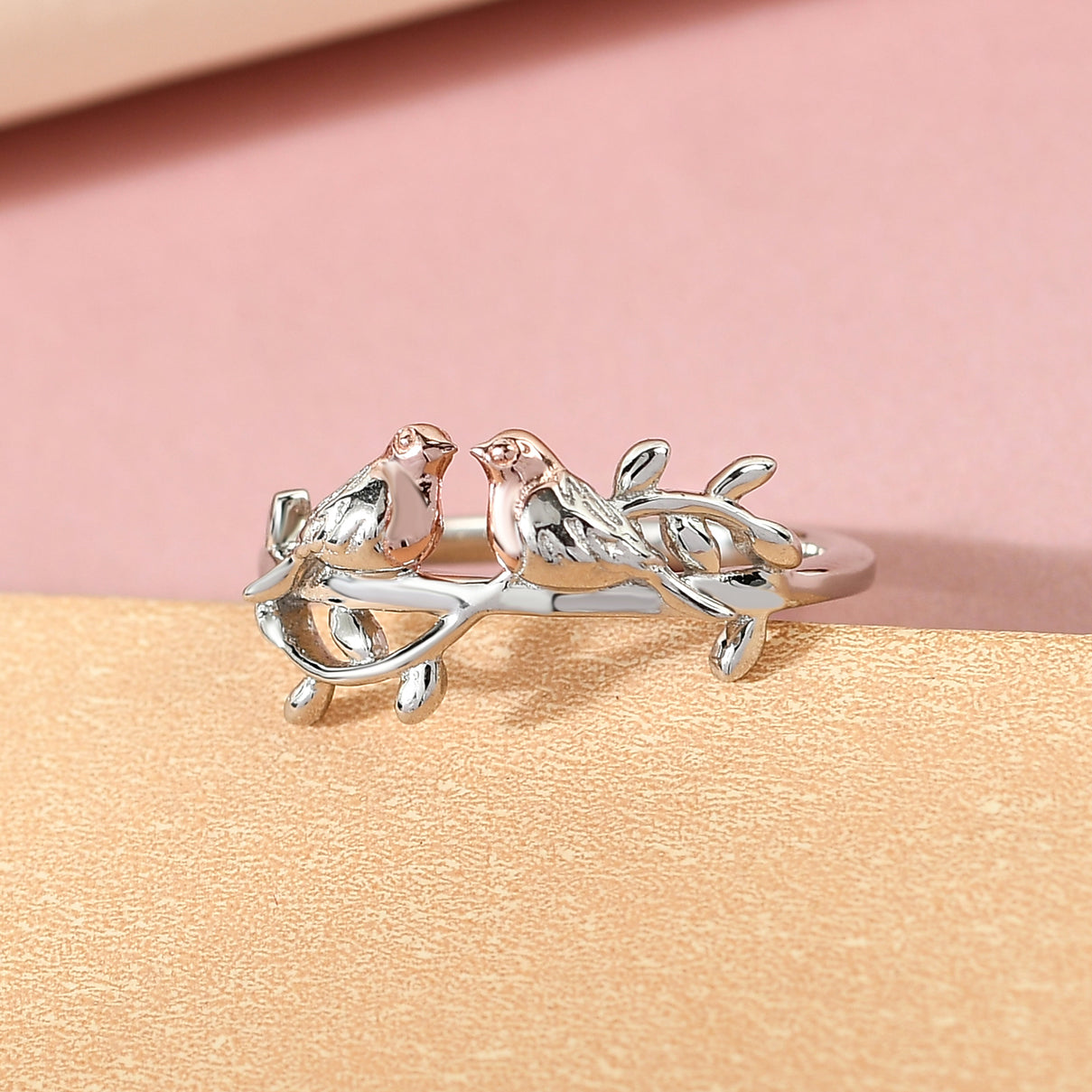 Couple Bird Ring in Platinum Overlay &amp; 18K Vermeil Rose Gold Plated Sterling Silver V32531763 2
