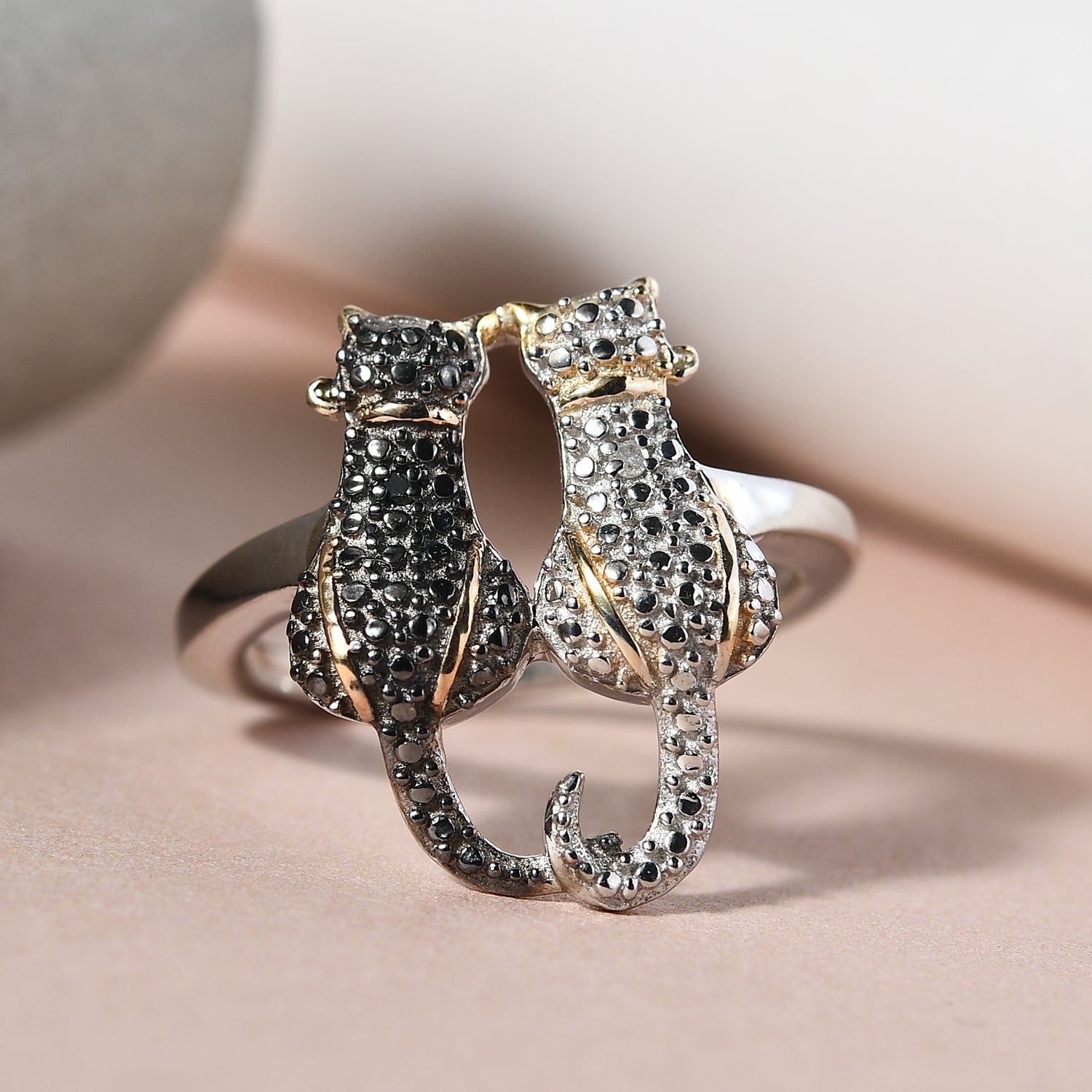 Black and White Diamond Twin Cat Ring in Sterling Silver V32515073 2