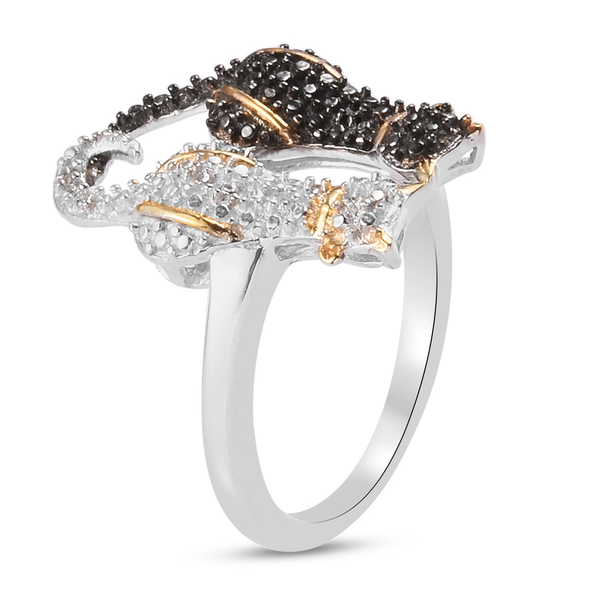 Black and White Diamond Twin Cat Ring in Sterling Silver V32515073 4