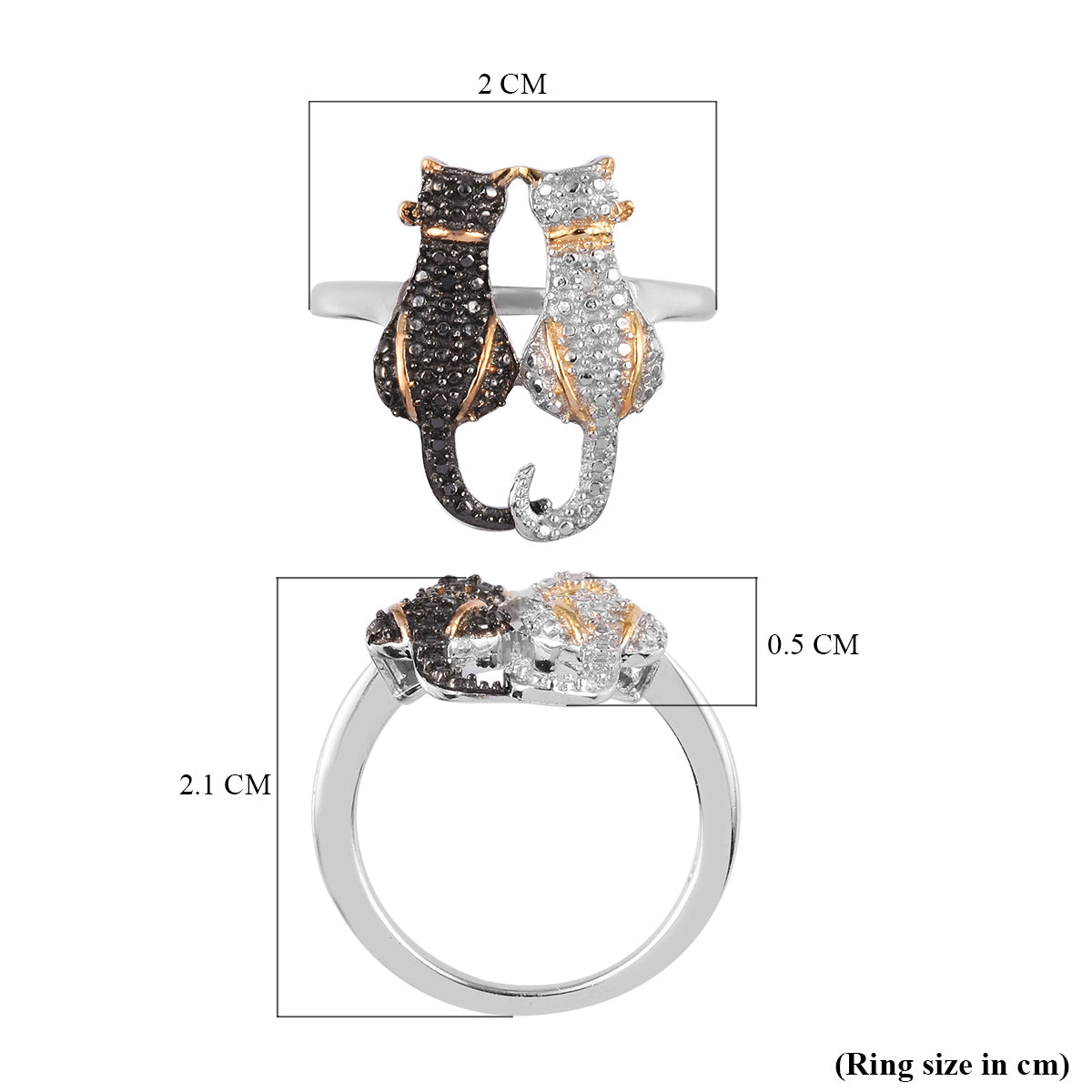 Black and White Diamond Twin Cat Ring in Sterling Silver V32515073 6