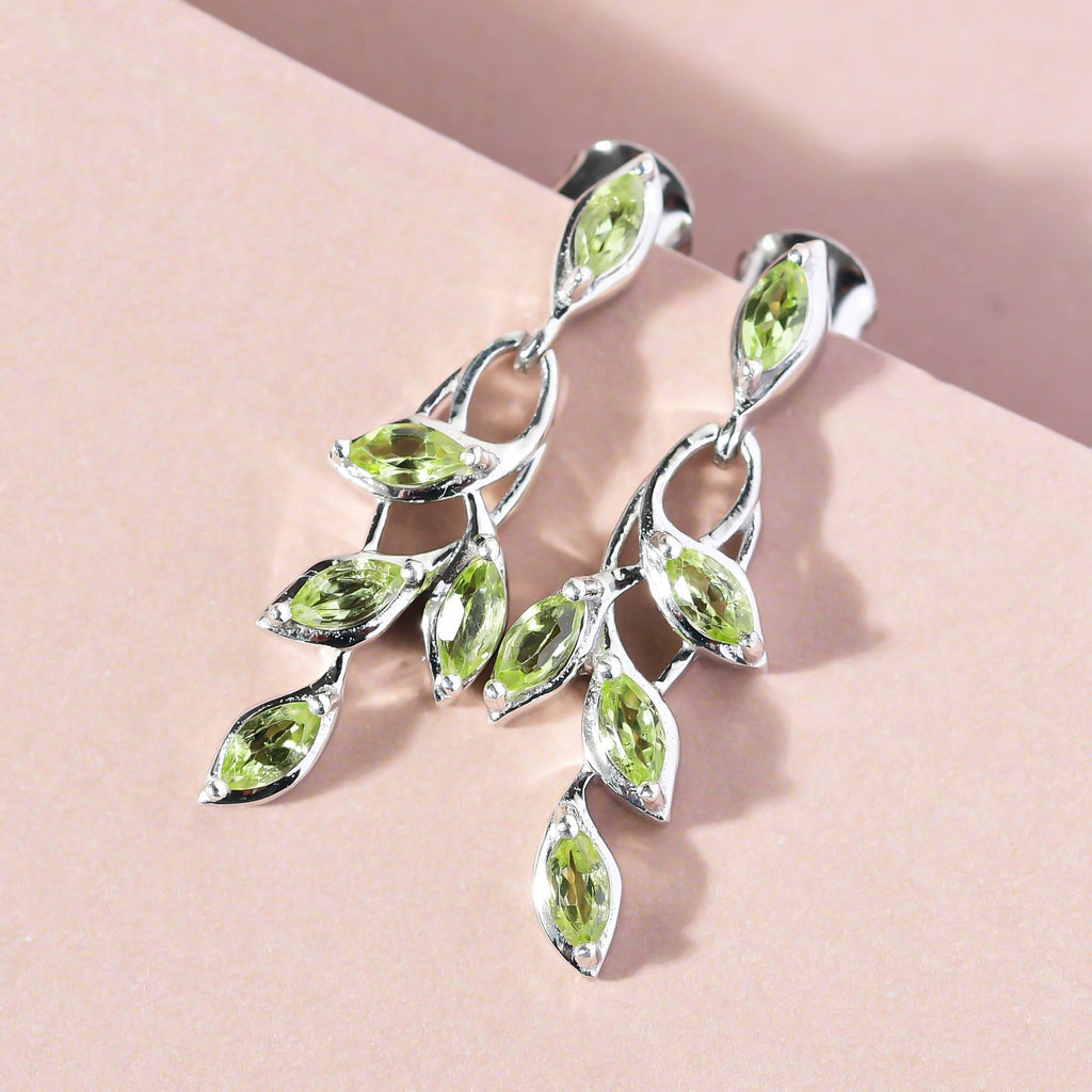 D'Joy - Hebei Peridot Leaf Vine Dangling Earrings with Push Back in Platinum Overlay Sterling Silver 1.63 Ct._3678853_2