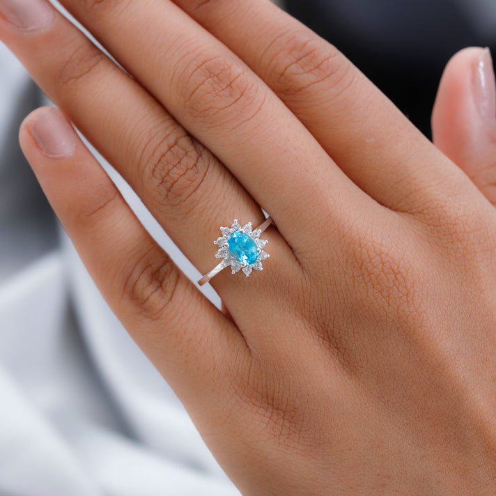 1.21 Ct.Paraiba Apatite and Natural Cambodian Zircon Halo Ring in Sterling Silver 3683028 2