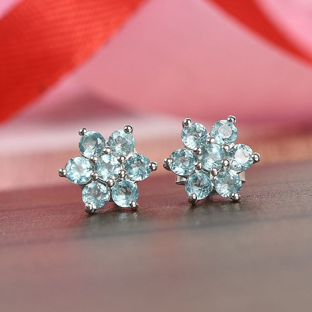Paraibe Blue Apatite Floral Stud Earrings (with Push Back) in Sterling Silver