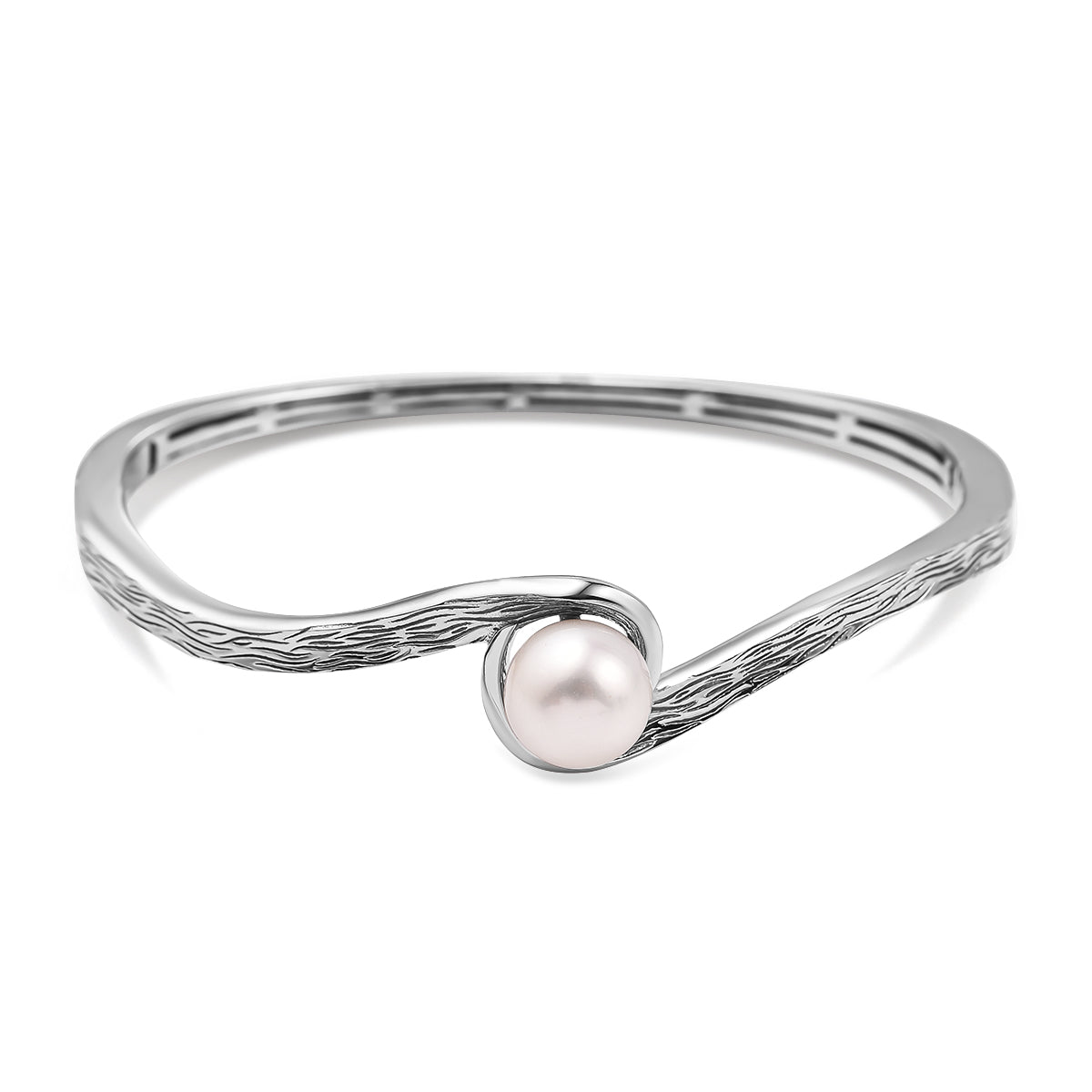 RACHEL GALLEY White Freshwater Pearl Bangle (Size -7 ) in Rhodium Overlay Sterling Silver 3691663 0