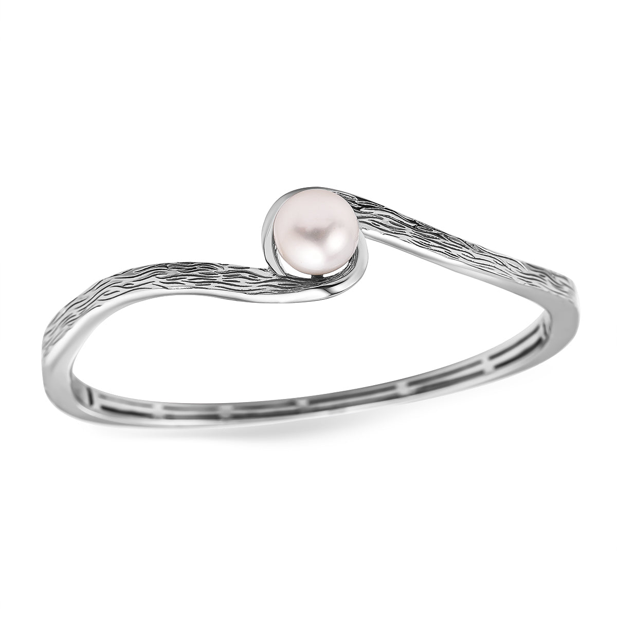 RACHEL GALLEY White Freshwater Pearl Bangle (Size -7 ) in Rhodium Overlay Sterling Silver 3691663 3