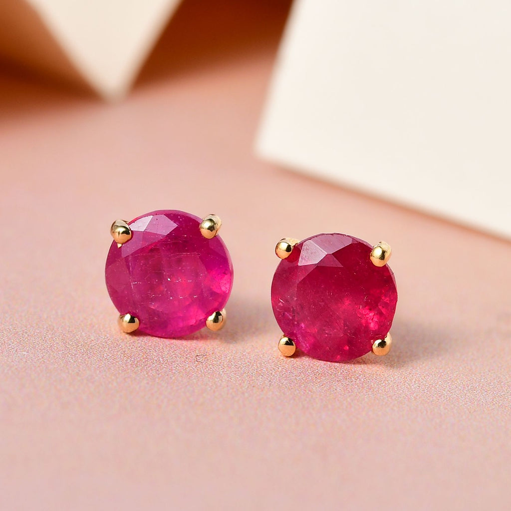 African Ruby (FF) Solitaire Stud Earrings with Push Back in 18K Vermeil Yellow Gold Plated Sterling Silver 2.30 Ct._3730737_1