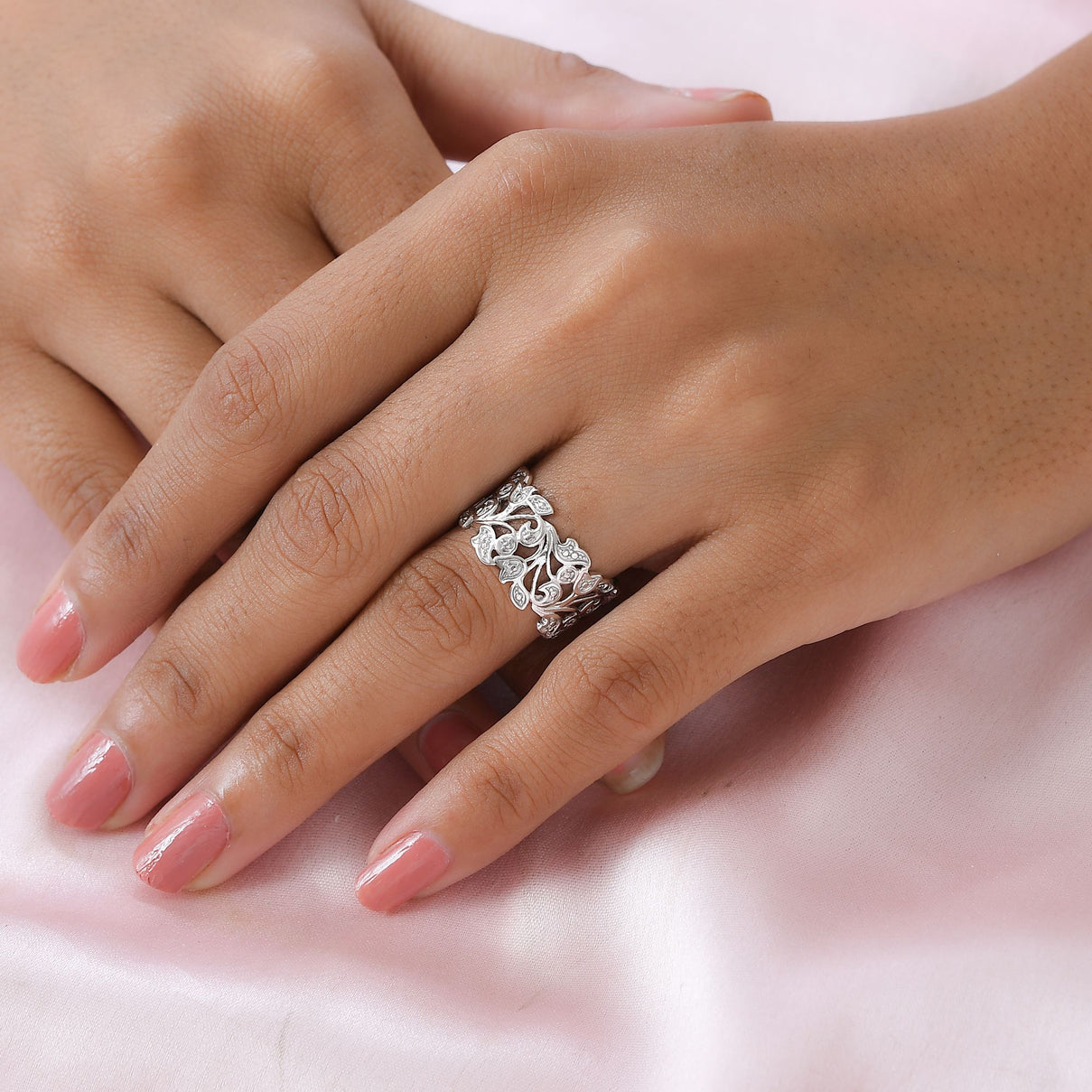 Diamond Leaf Ring in Platinum Overlay Sterling Silver 3744190 3