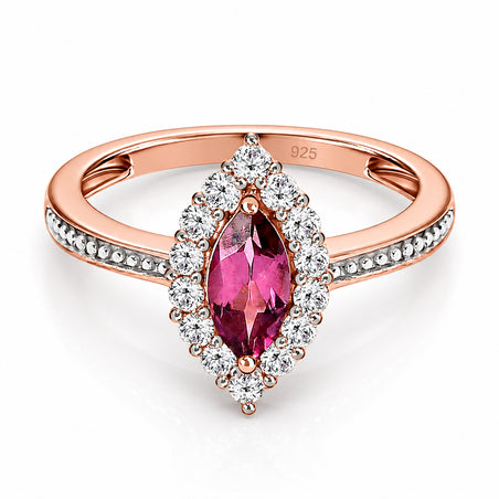 D'Joy - Tanzanian Wine Garnet and Natural Zircon Halo Ring in 18K Vermeil Rose Gold Plated Sterling Silver 1.00 Ct. 3793466 1