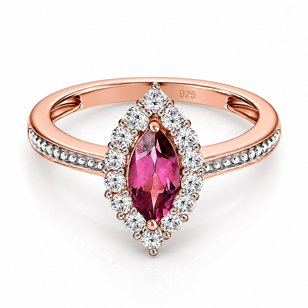 D'Joy - Tanzanian Wine Garnet and Natural Zircon Halo Ring in 18K Vermeil Rose Gold Plated Sterling Silver 1.00 Ct._3793469