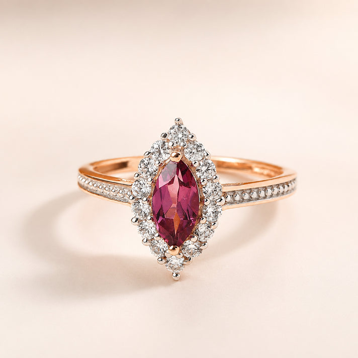 D'Joy - Tanzanian Wine Garnet and Natural Zircon Halo Ring in 18K Vermeil Rose Gold Plated Sterling Silver 1.00 Ct. 3793469 2