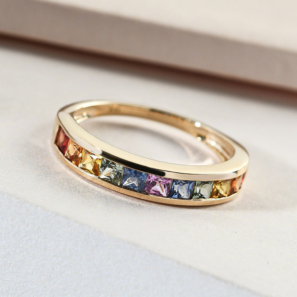 Royal Bali Collection - 9K Yellow Gold Multi Sapphire Half-Eternity Band Ring 1.20 Ct._3797916_1