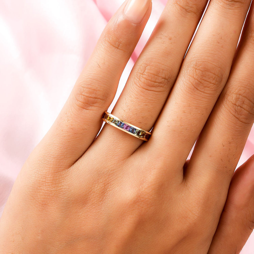 Royal Bali Collection - 9K Yellow Gold Multi Sapphire Half-Eternity Band Ring 1.20 Ct._3797916_2