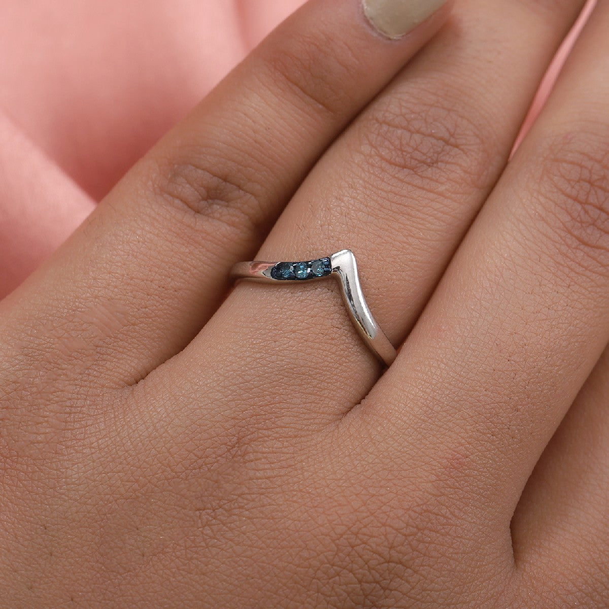 Blue Diamond Wishbone Wedding Band Ring in Platinum Plated Sterling Silver V32699566 3