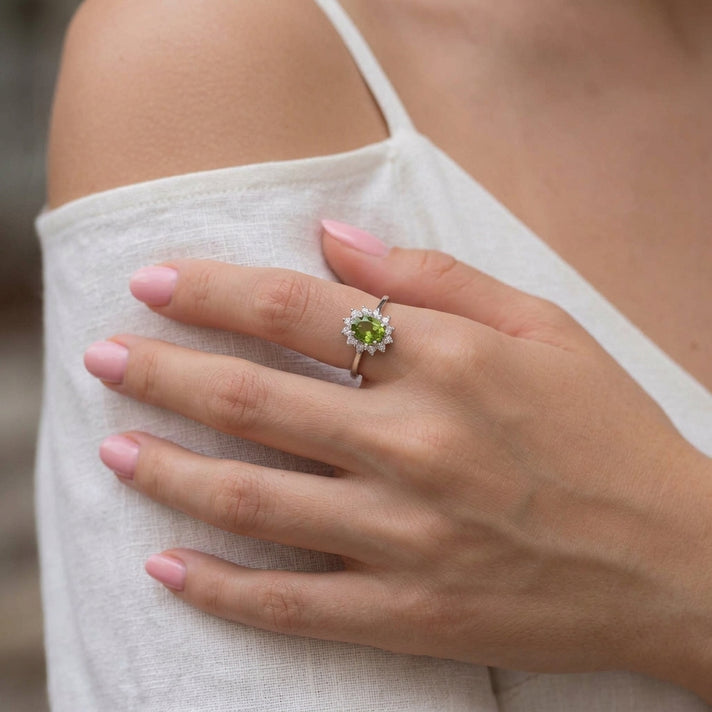 Princess Diana Inspired Hebei Peridot August Birthstone Halo Ring in Sterling Silver with Platinum Plating 3811722 2