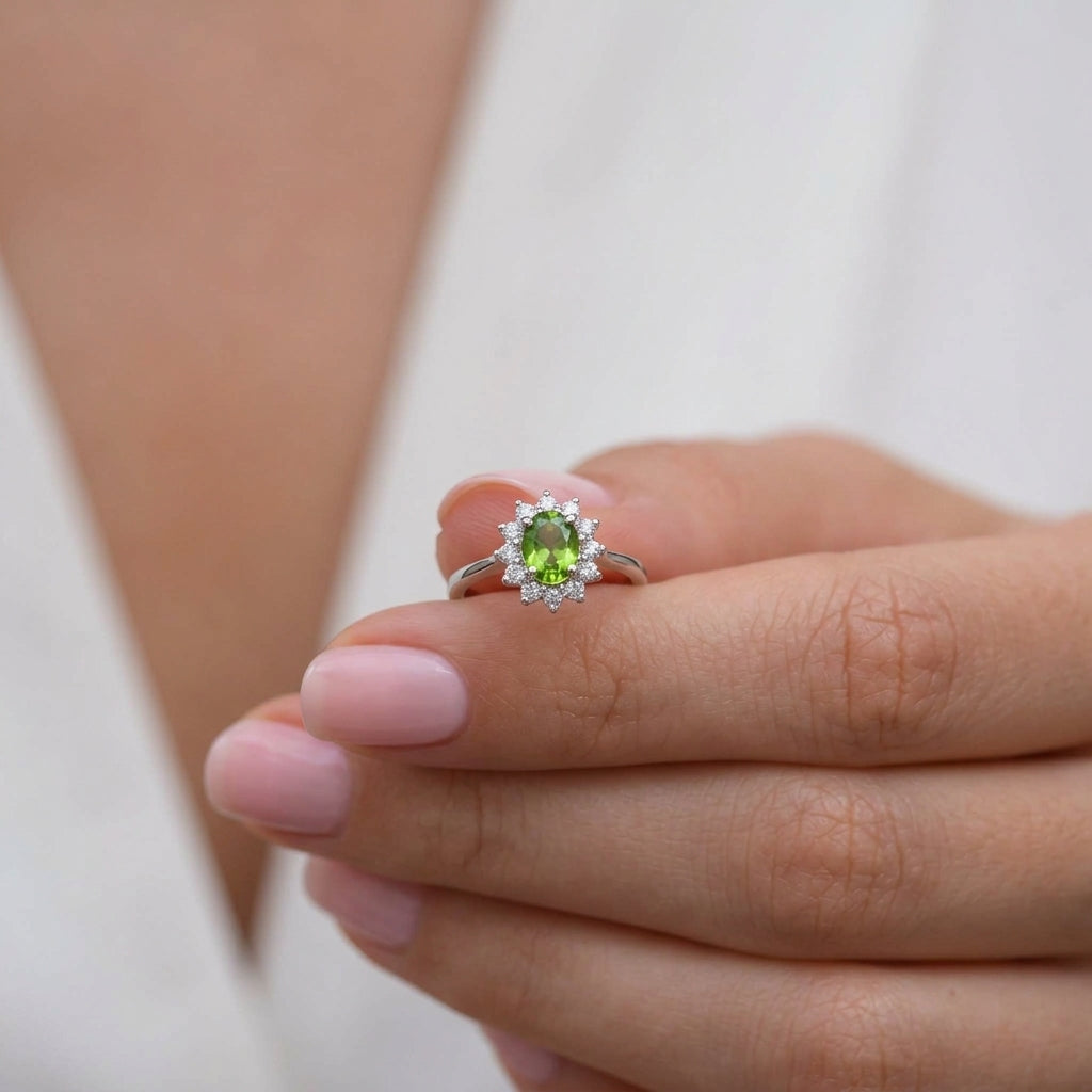 Princess Diana Inspired Hebei Peridot August Birthstone Halo Ring in Sterling Silver with Platinum Plating 3811722 5