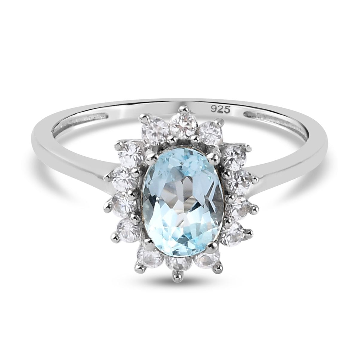 Sky Blue Topaz Princess Diana Inspired Halo Ring with Natural Cambodian Zircon in Platinum Plated Sterling Silver 1.38 Ct V32605380 0
