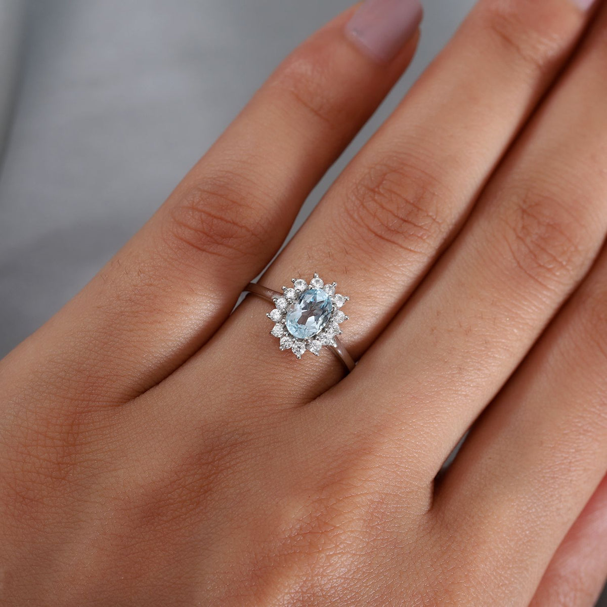 Sky Blue Topaz Princess Diana Inspired Halo Ring with Natural Cambodian Zircon in Platinum Plated Sterling Silver 1.38 Ct V32605380 3
