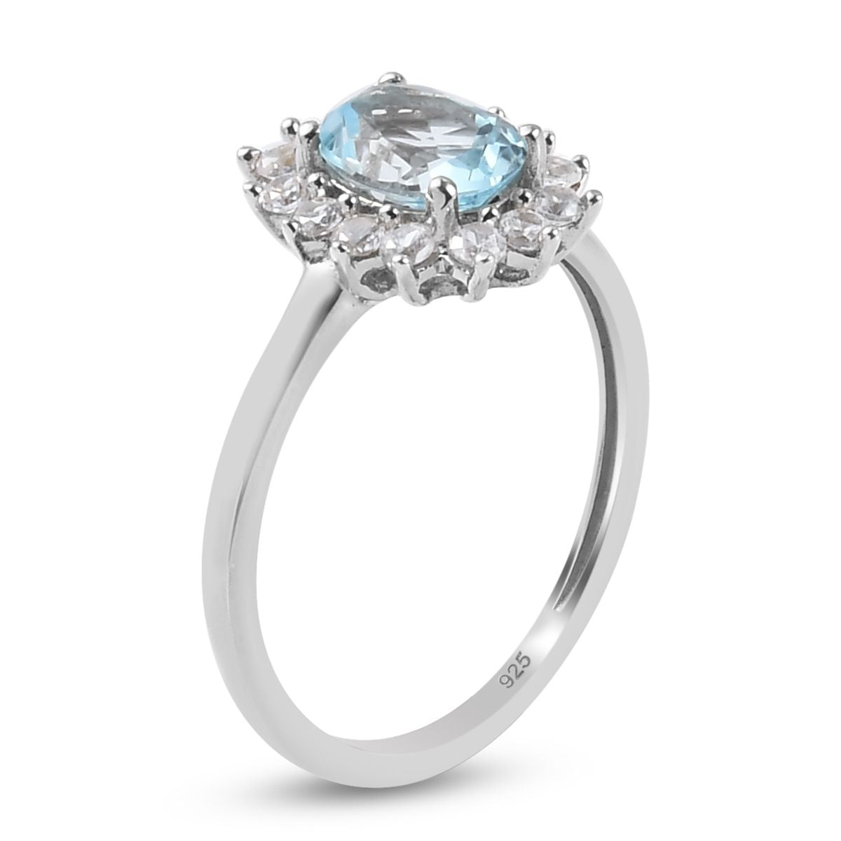 Sky Blue Topaz Princess Diana Inspired Halo Ring with Natural Cambodian Zircon in Platinum Plated Sterling Silver 1.38 Ct V32605380 4