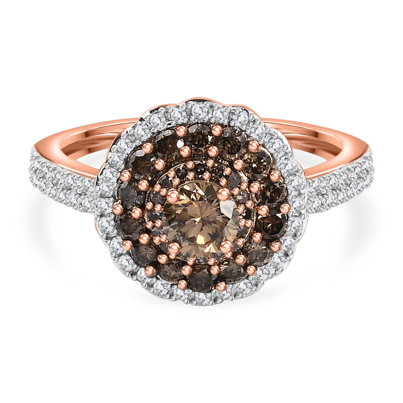 9K Rose Gold SGL Certified Natural Champagne Diamond & White Diamond (I3/GH) Cluster Ring 1.00 Ct._3834489