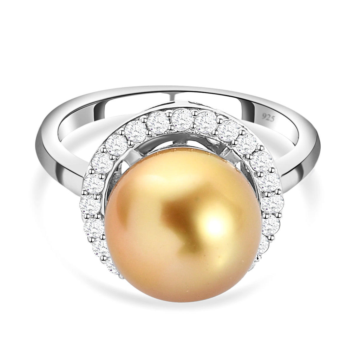 Royal Bali Collection Golden South Sea Pearl and  Zircon Halo Ring in Platinum Plated Sterling Silver 3853495 0