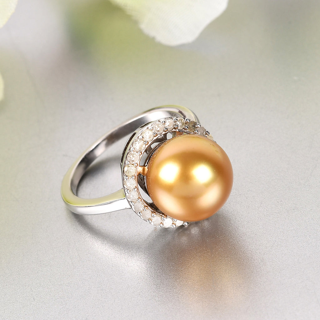 Golden South Sea Pearl and Diamond Ring in Platinum Overlay Sterling Silver_3853495_1