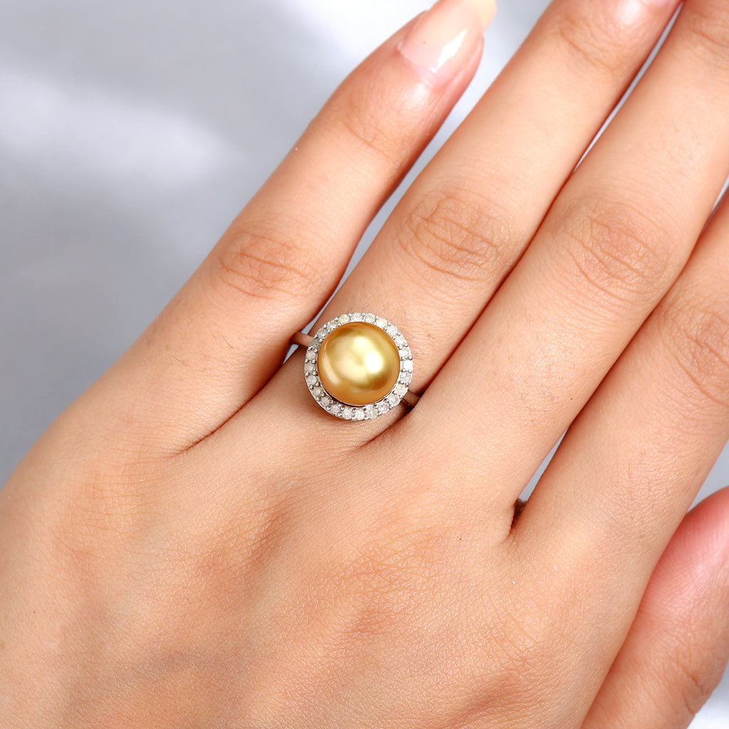 Golden South Sea Pearl and Diamond Ring in Platinum Overlay Sterling Silver_3853495_2