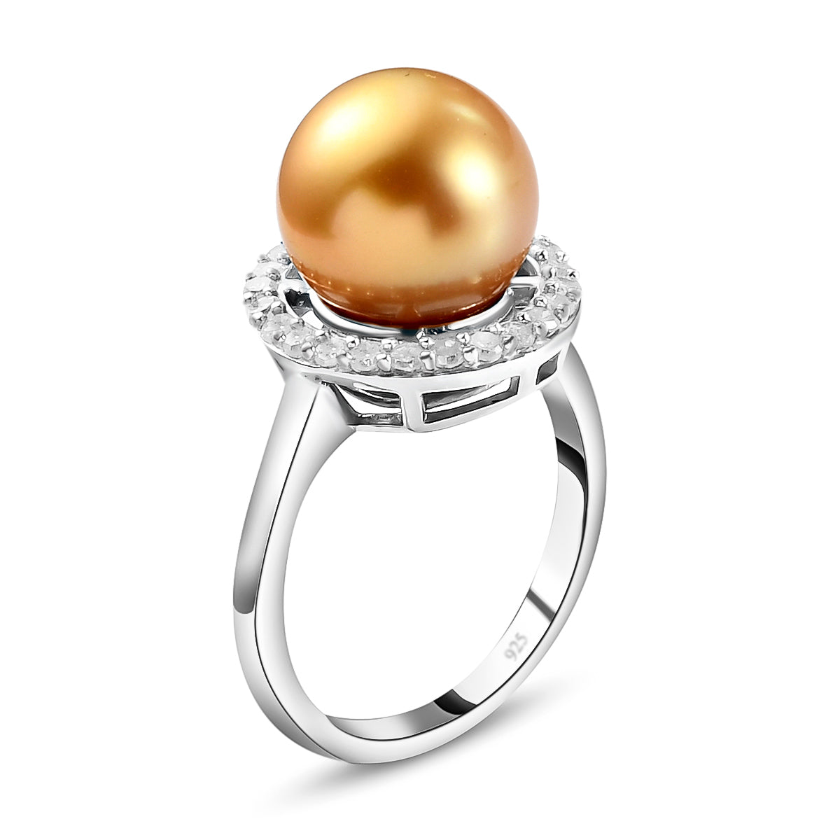 Royal Bali Collection Golden South Sea Pearl and  Zircon Halo Ring in Platinum Plated Sterling Silver 3853495 4