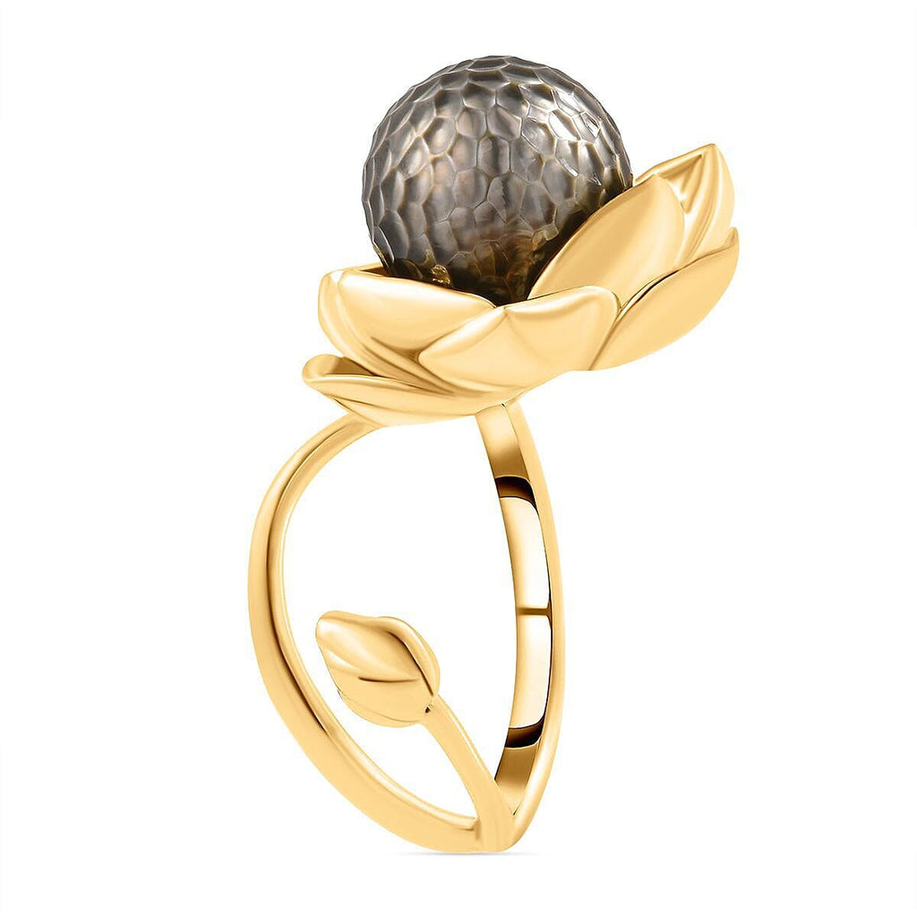Galatea Pearl - Tahiti Pearl Lotus Flower Ring in 18K Vermeil Yellow Gold Plated Sterling Silver 11.25 Ct, Silver Wt. 11.00 Gms_3853632_3