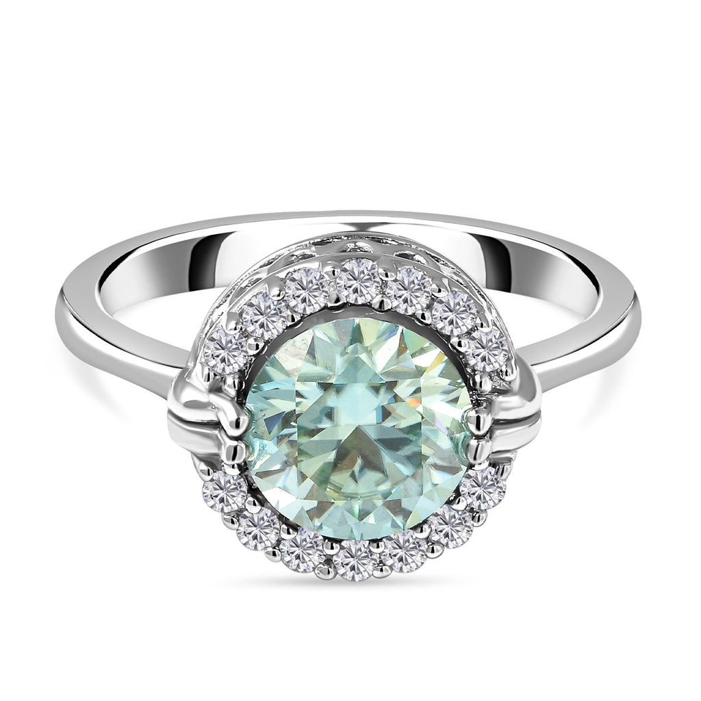 Galatea Pearl - Blue Moissanite Halo Ring in Rhodium Overlay Sterling Silver 2.10 Ct, Silver Wt. 7.18 Gms_3875150