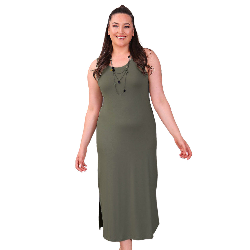 TAMSY Viscose Jersey Dress with Side Slit (Size M,12-14) - Khaki_3880446
