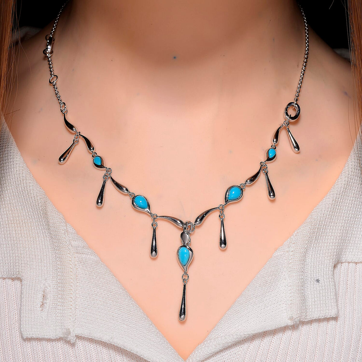 Lucy Q Raindrop Collection - 4 in 1 Arizona Sleeping Beauty Turquoise Detechable Pendant with Chain (Size 16) in Rhodium Overlay Sterling Silver. 3882817 3