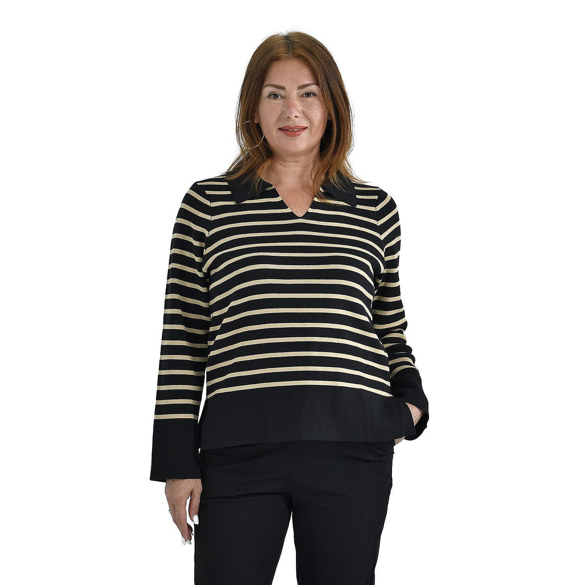 TAMSY Cotton Blend Stripe Knit Jumper  - Black and Beige 3888497 4