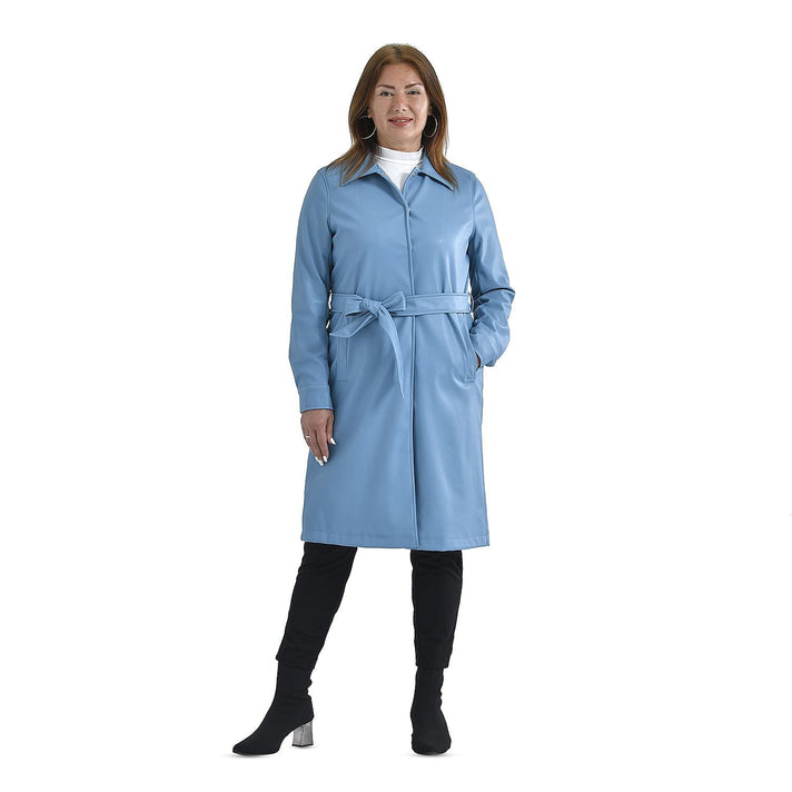 TAMSY Long Women's Coat with Two Pockets and Adjustable Waist Belt - Blue 3888622 1