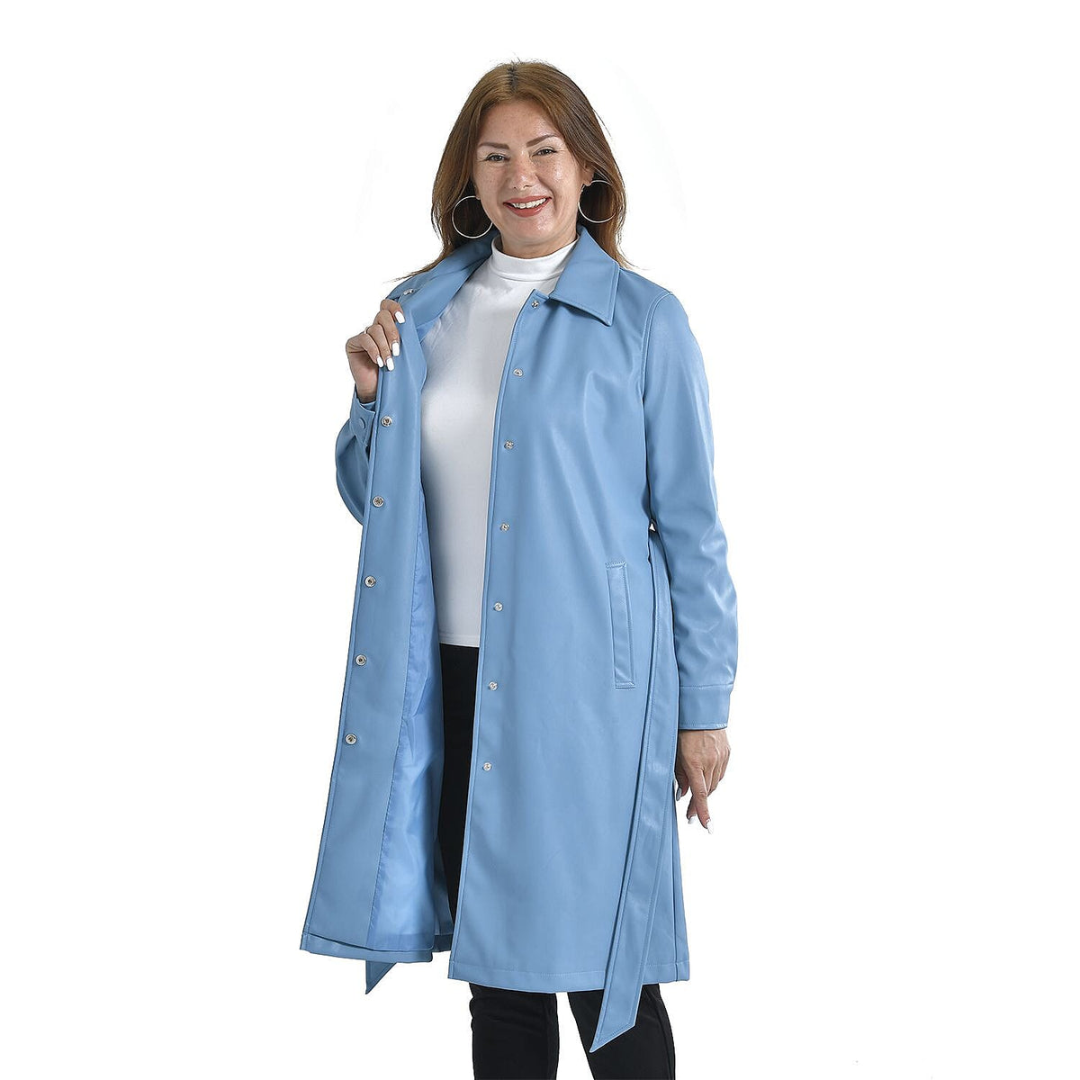 TAMSY Long Women's Coat with Two Pockets and Adjustable Waist Belt - Blue 3888622 4
