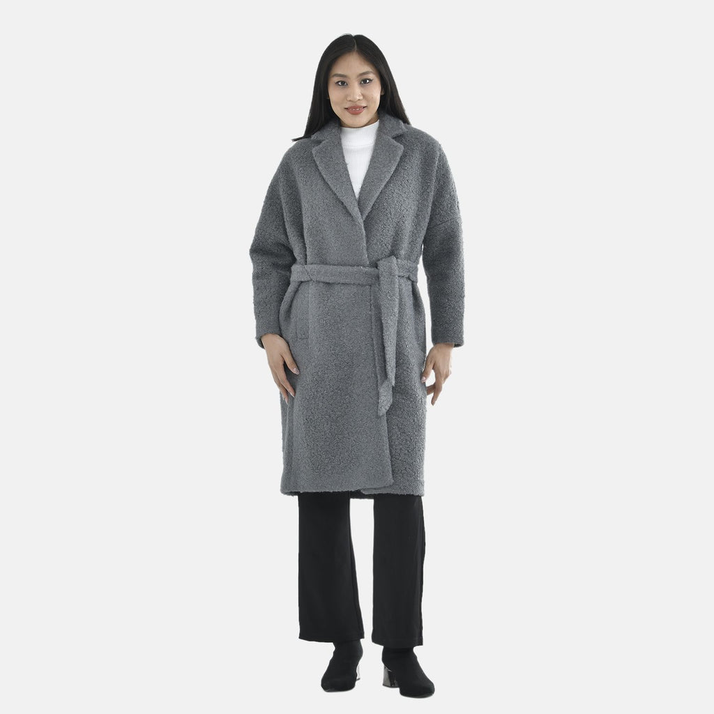 Tamsy Boucle Tie Belted Coat with 2 Side Pockets (Size L)  - Grey_3890820