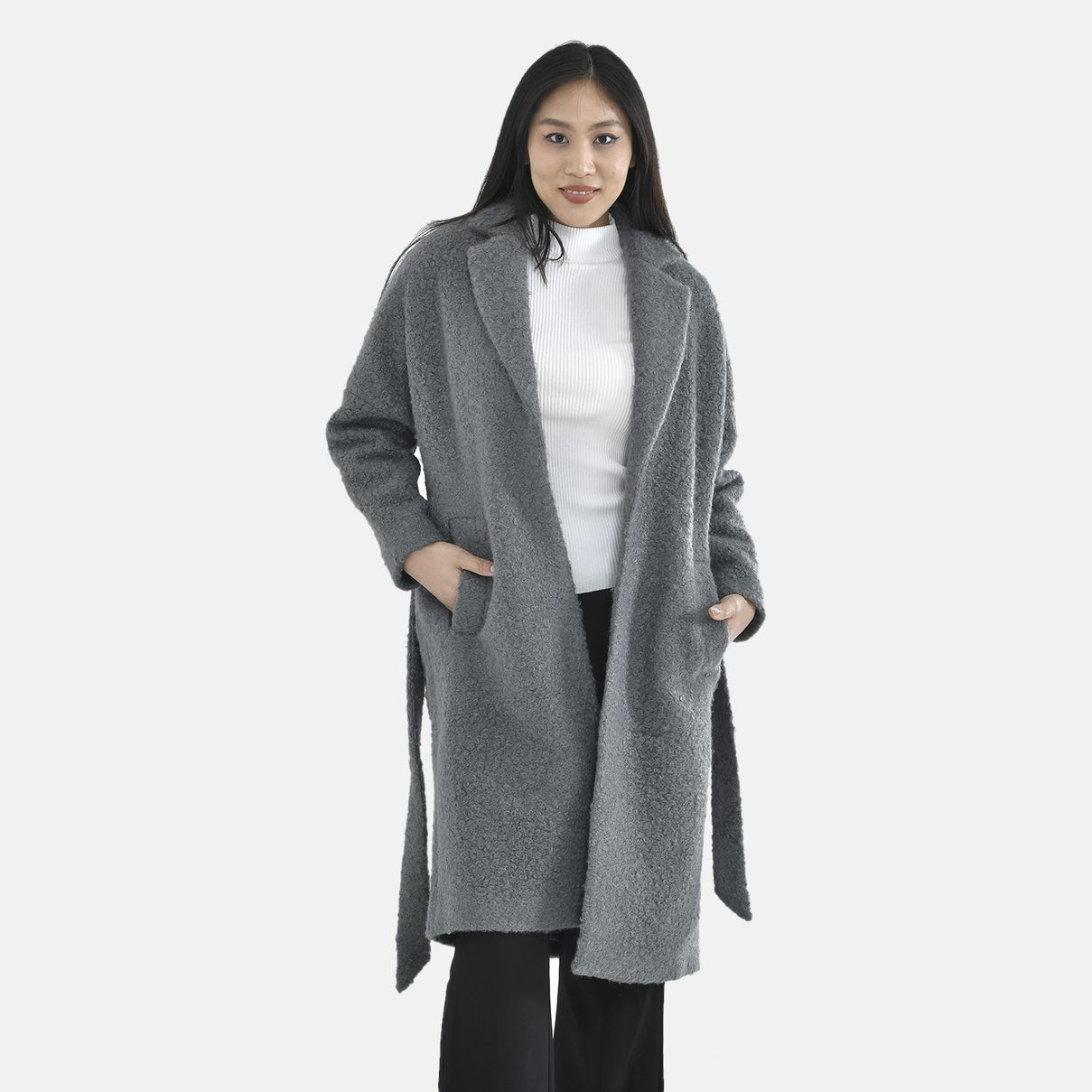 TAMSY Boucle Tie Belted Coat with 2 Side Pockets   - Grey 3890820 5