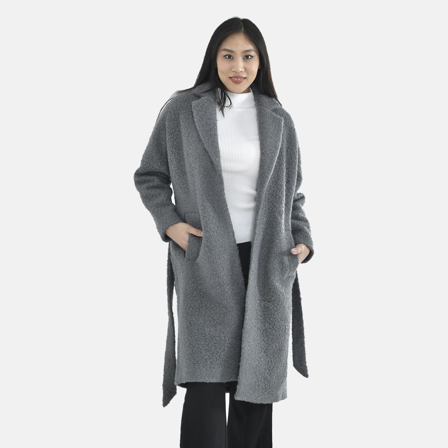 TAMSY Boucle Tie Belted Coat with 2 Side Pockets   - Grey 3890820 5