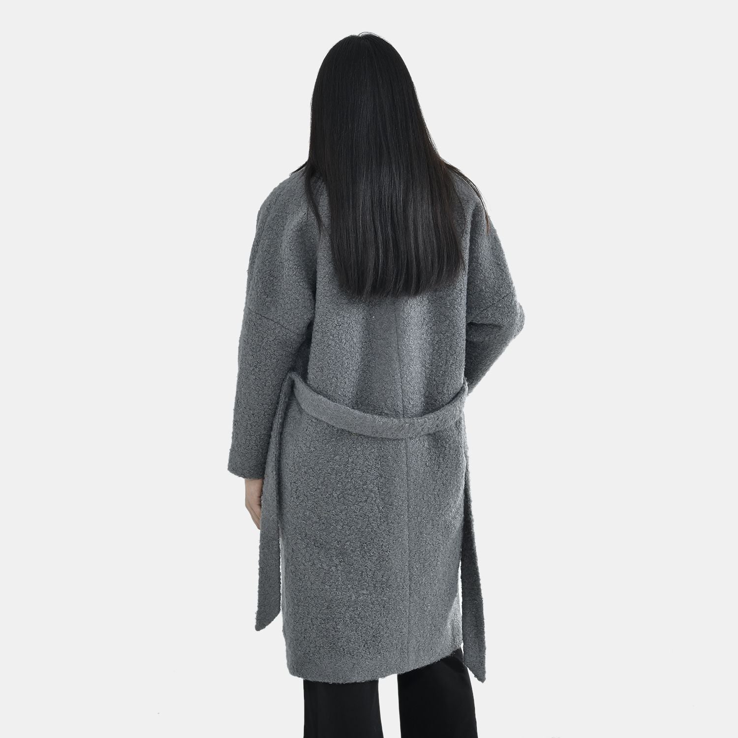 TAMSY Boucle Tie Belted Coat with 2 Side Pockets   - Grey 3890820 6