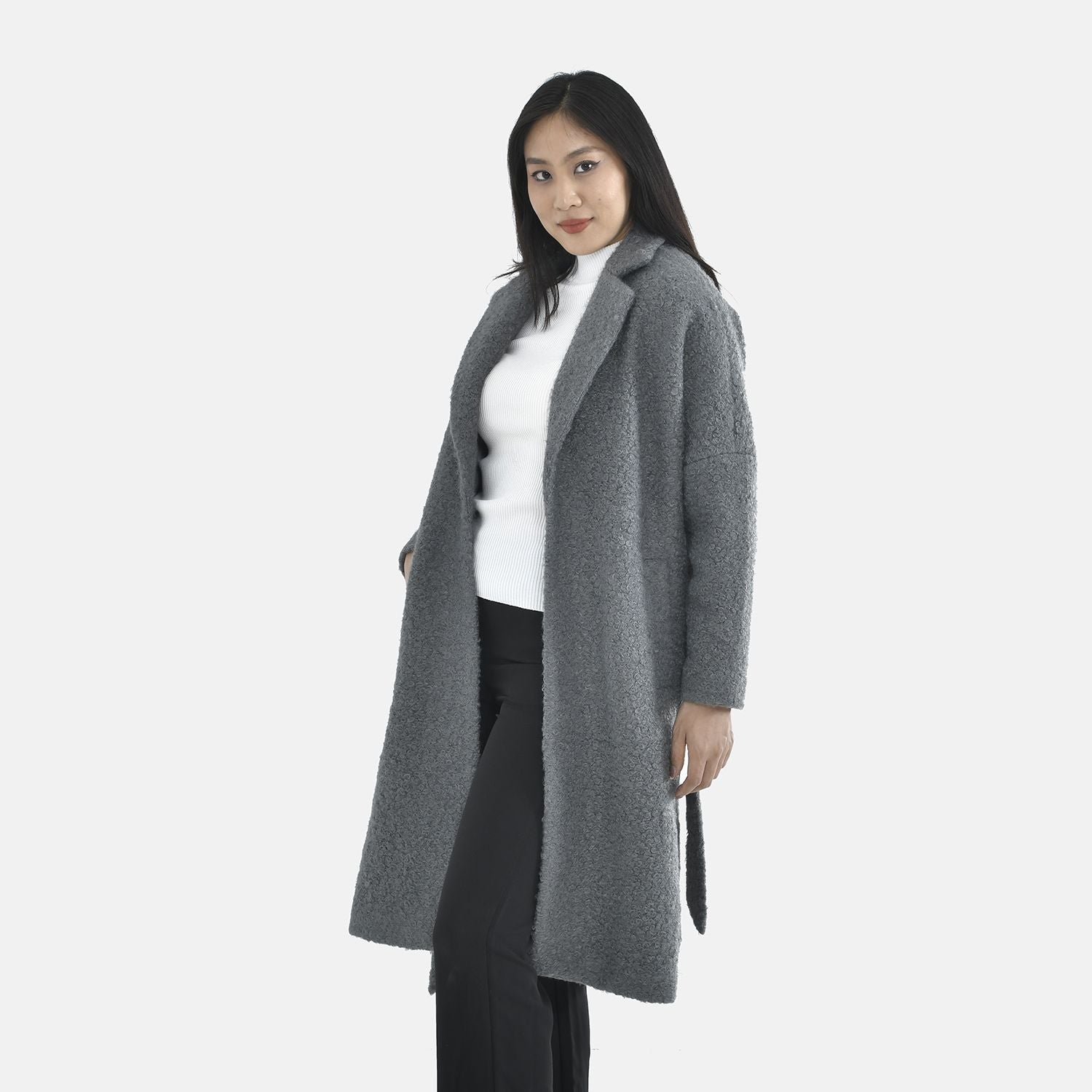 TAMSY Boucle Tie Belted Coat with 2 Side Pockets   - Grey 3890820 7