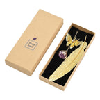 Metal Feather Bookmark with Realistic 3D Metal Butterfly and Purple Eternal Flower Glass Ball Pendant - Gold