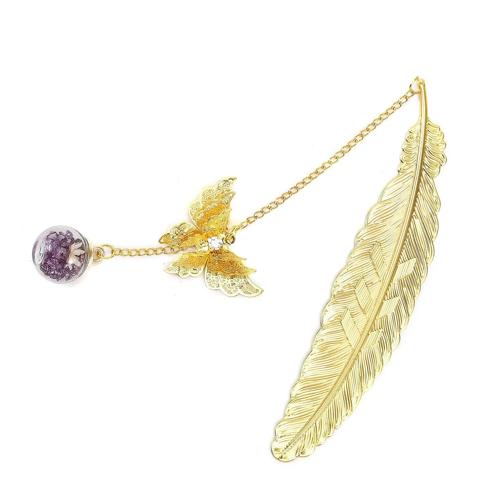 Metal Feather Bookmark with Realistic 3D Metal Butterfly and Purple Eternal Flower Glass Ball Pendant - Gold