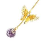 Metal Feather Bookmark with Realistic 3D Metal Butterfly and Purple Eternal Flower Glass Ball Pendant - Gold