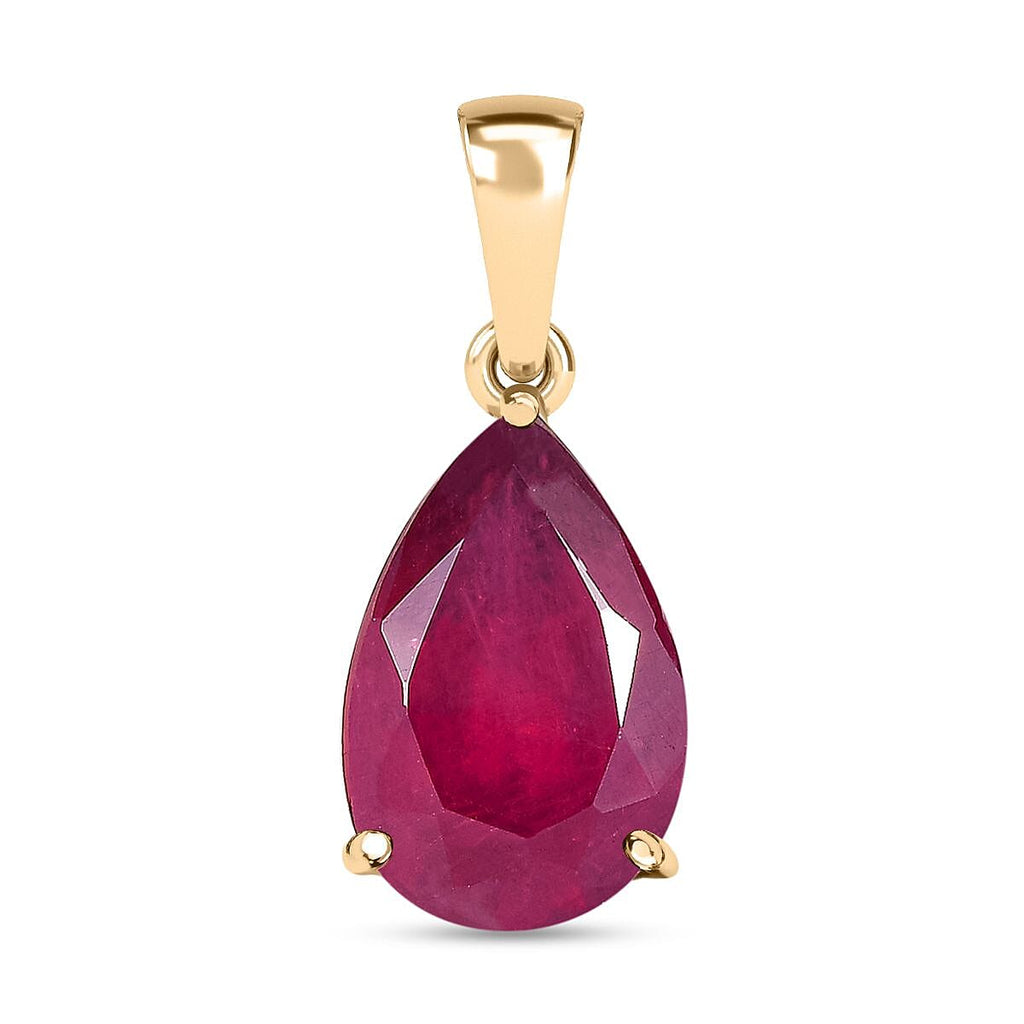 9K Yellow Gold Pear Cut AA African Ruby Solitaire Pendant 4.21 Ct.