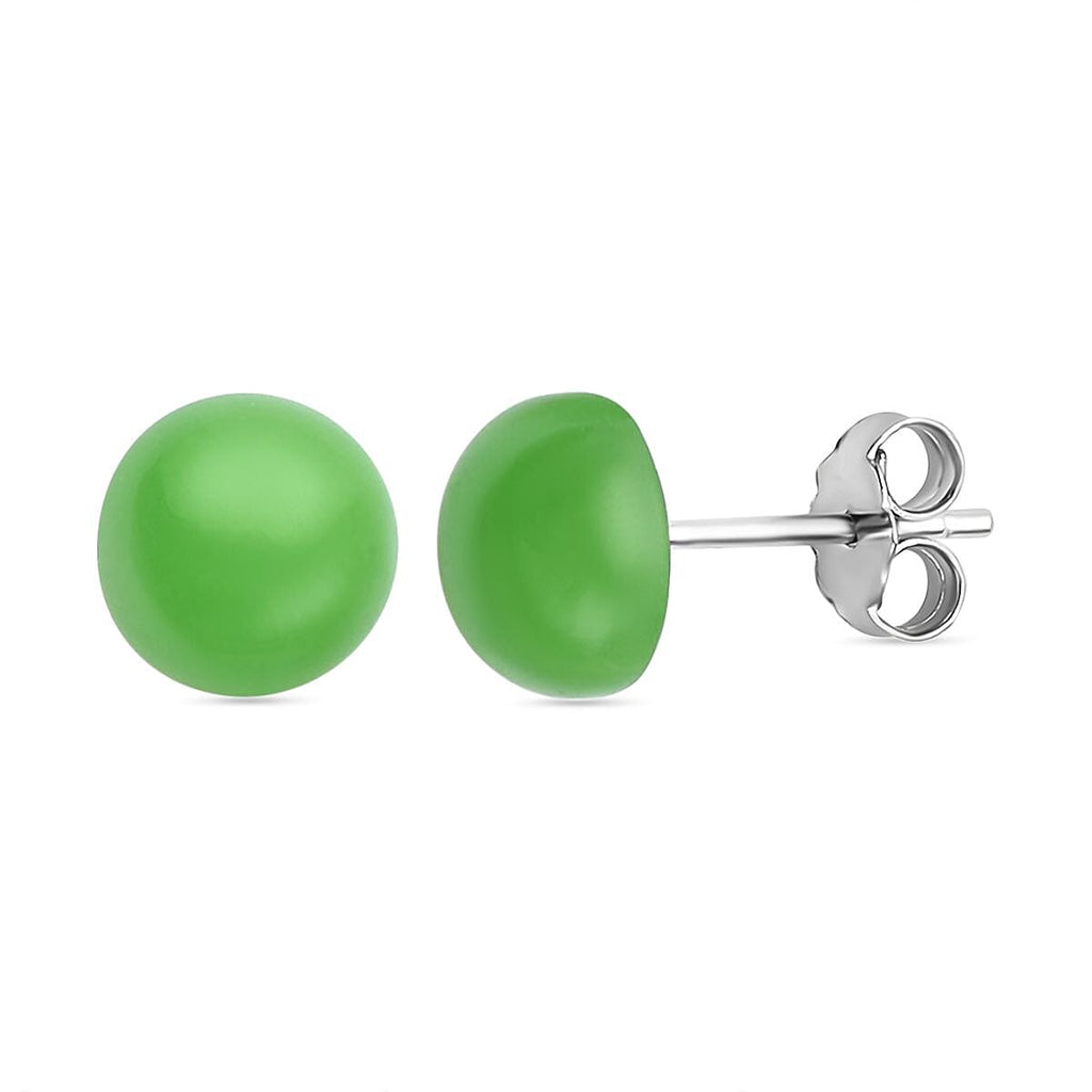 Green Jade Stud Earrings (With Push Back) in Rhodium Sterling Silver 4.00 Ct.