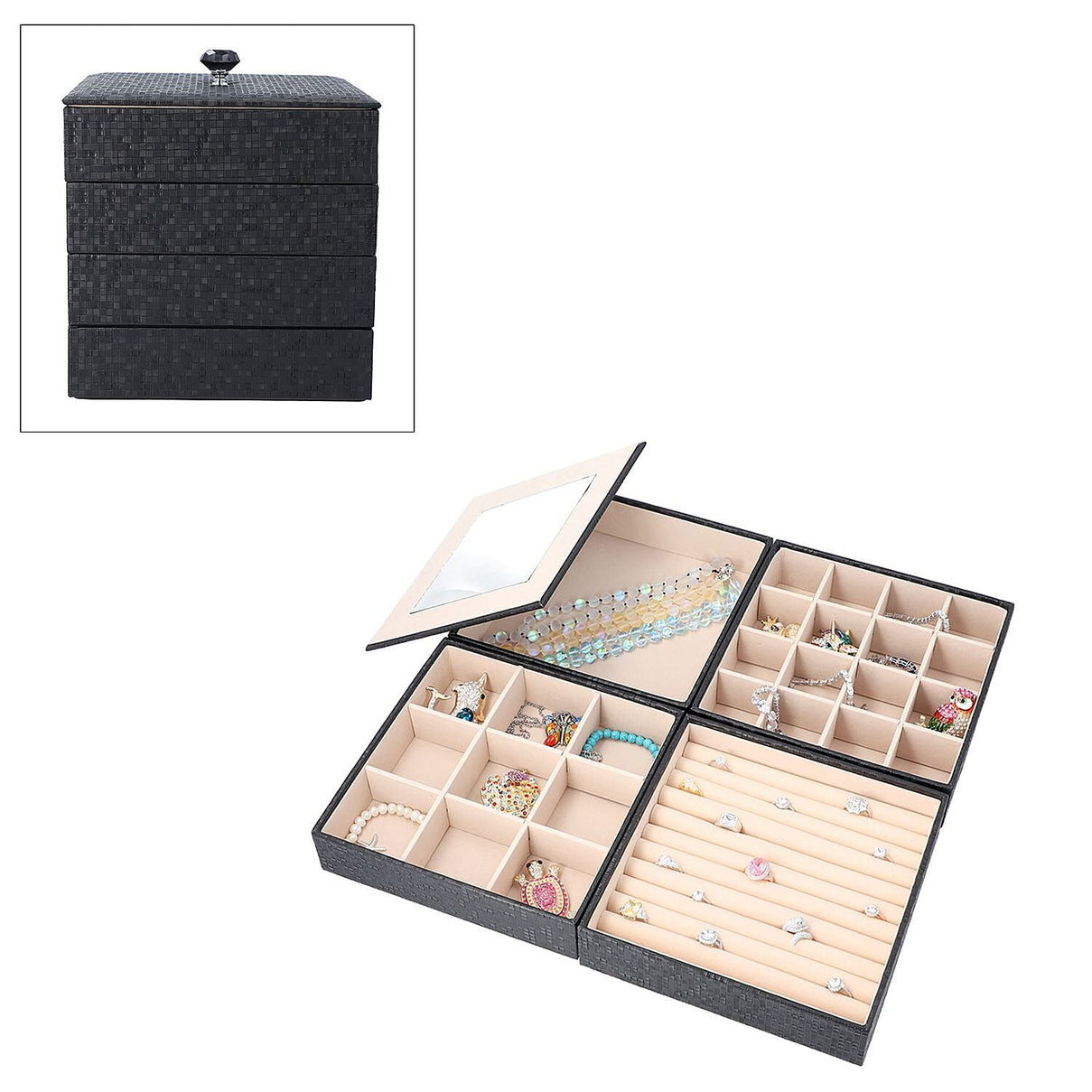 4-Layer Stackable Jewellery Oragnizer with Inside Mirror and Anti Tarnish Lining ( Size 21.59x21.59x21.59 Cm) - Black 3478240 0