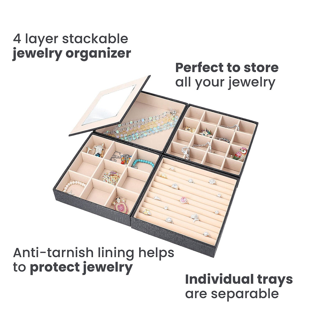 4-Layer Stackable Jewellery Oragnizer with Inside Mirror and Anti Tarnish Lining ( Size 21.59x21.59x21.59 Cm) - Black
