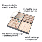 4-Layer Stackable Jewellery Oragnizer with Inside Mirror and Anti Tarnish Lining ( Size 21.59x21.59x21.59 Cm) - Black
